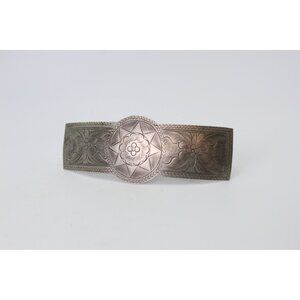 Mid Century Unmarked Silver Hair Barrette | Hand Engraved Floral Design | Mexica